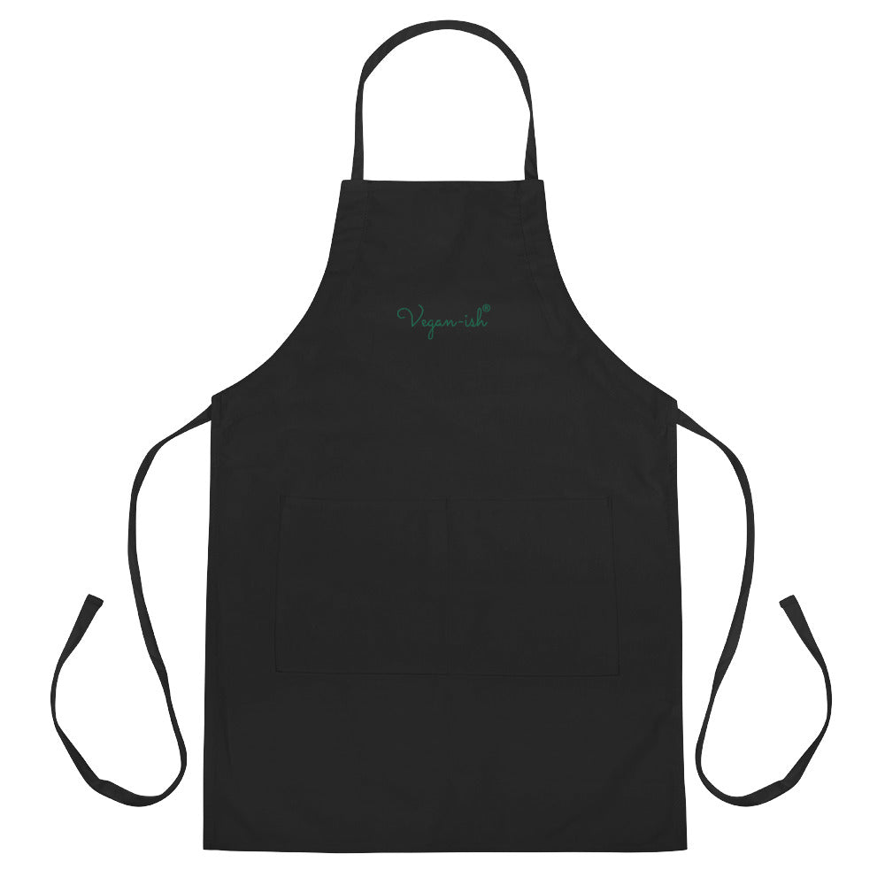 black bib apron with two pockets